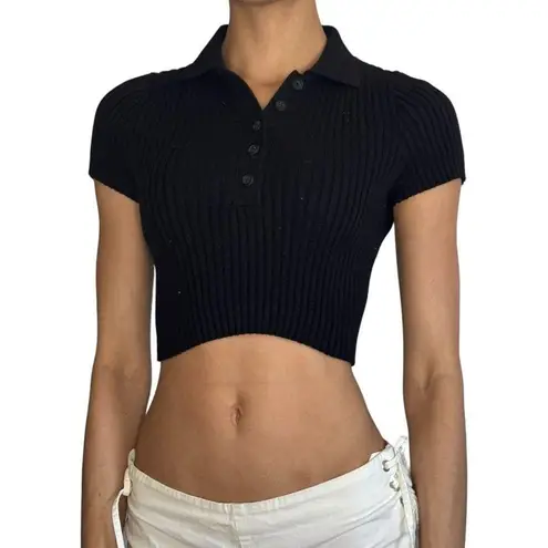 Brandy Melville Rare  BLACK Bridget Crop Knit Polo collared y2K short sleeve Top