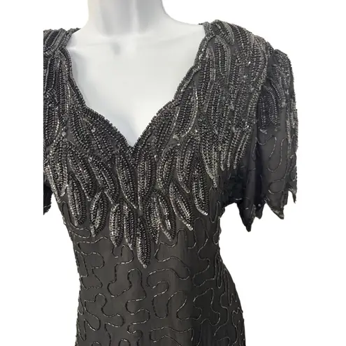 Laurence Kazar Vntg 1980s Lawrence Kazar New York Beaded Silk Black Hand-Beaded Evening Gown