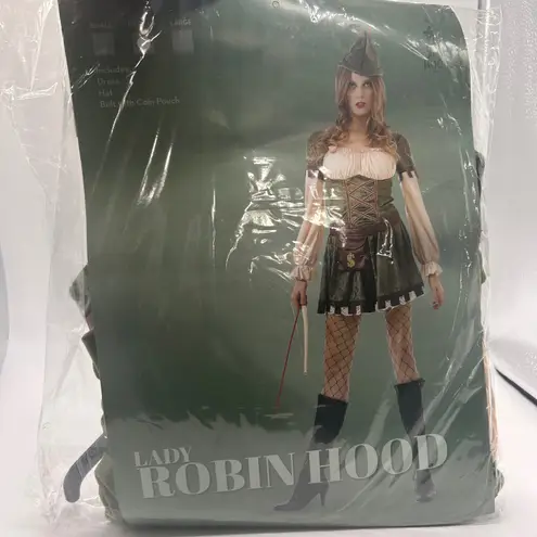NEW Lady Robin Hood Costume Adult Medium Dress Hat Belt Halloween Cosplay Green