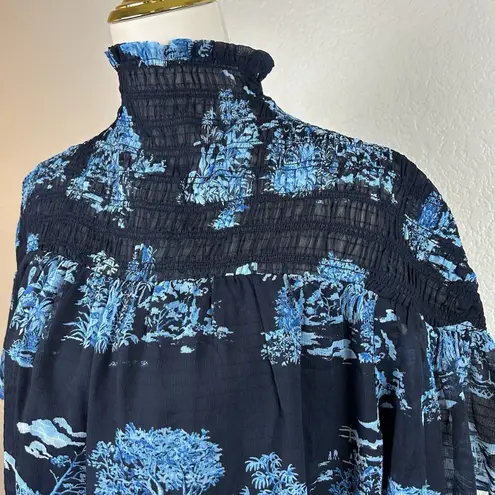 Ann Taylor Women's Navy Blue Floral Flutter Toile Smocked Yoke Top Size L Size L