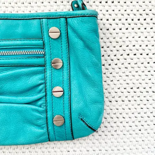 B Makowsky Bright Teal Blue Soft Leather Slim Ruched Front Studded Crossbody Bag