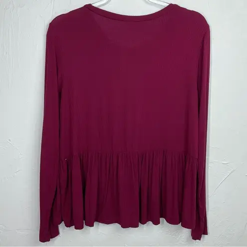 Hooked Up Maroon Ribbed Long Sleeve Peplum Top Large Red