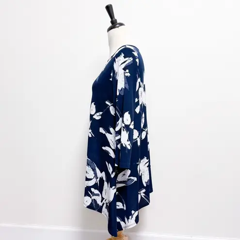 Clara Sun Woo Blue White Floral Leaves Keyhole Boat Neck 3/4 Sleeve Sharkbite L Size L