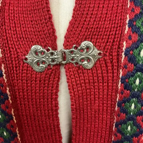 Nordstrikk Fair Isle Knit 100% Wool Norway Icelandic Cardigan Sweater Size Large Red