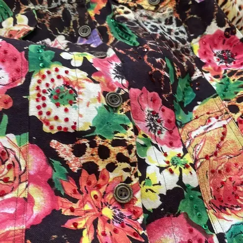 Candy Couture Cotton button embellished Jacket Light Animal Print Floral Size XL Brown