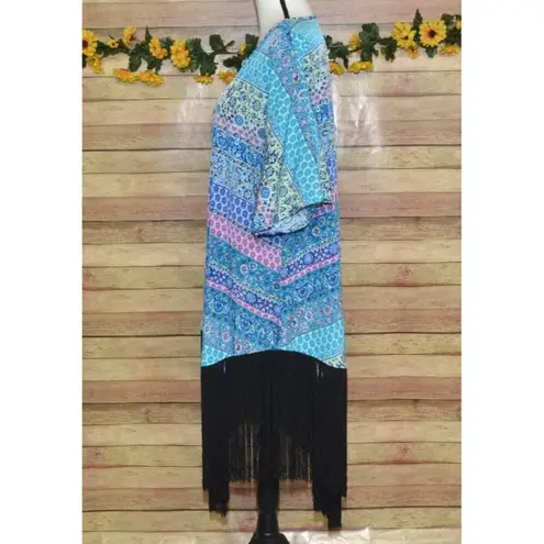 Liberty Love Blue Floral Cardigan Kimono Jacket Size L Long Fringe Festival Boho