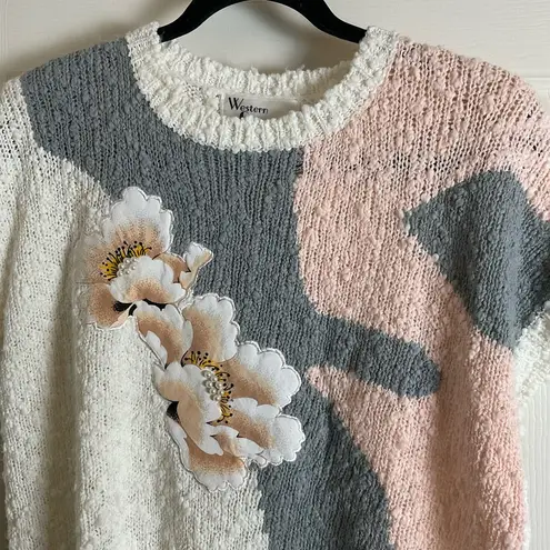Western Connection Floral Knit Sweater 80’s vintage size medium White