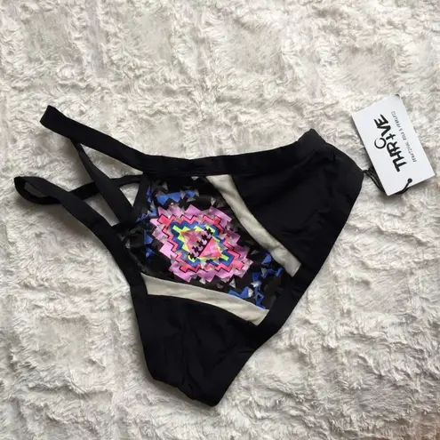THRIVE Black Neon Multi Aztec Laser Cut Thalia High Halterneck Bikini Top NEW Size M