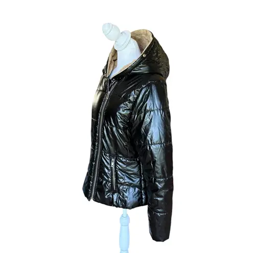 Roiii Black Quilted Puffer Coat Jacket Faux Fur Lined Hood Womens Size Medium