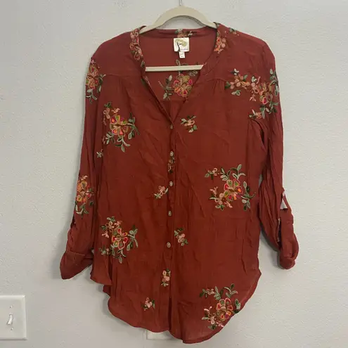 Anthropologie Fig & Flower Embroidered Button Down Blouse Orange Size Petite XL