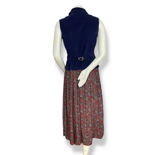 Vintage 90s Dress Floral Rayon Skirt Corduroy Vest Momcore Retro Sleeveless Blue Size M