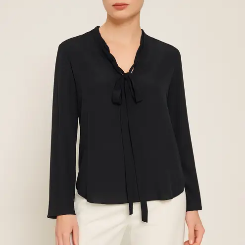 Sandro Paris 100% Silk Black Long Sleeve Blouse Tie Neck Top Size 2/Medium US 6