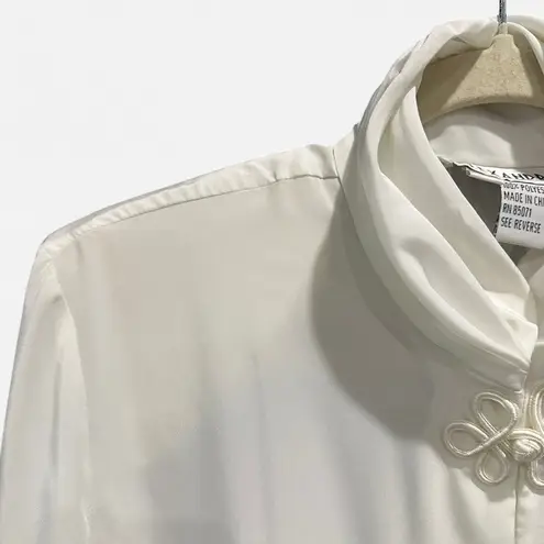 Vintage 80s White Satin Blouse Oversized L Frog Knot Closure Draped Collar Size L