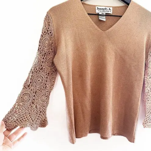 Joseph A . Gold Knit Sweater Crochet Lace Bell Sleeves V-Neck Holiday Chic M
