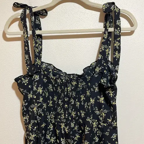 o.p.t. Toile De Jouy Midi Dress Ruffle Tie Straps Black Floral Size Large