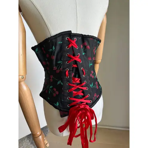 Orchard Corset Cherry Print Waist Corset Size 26 Steel Boning Laceup Under Bust Black