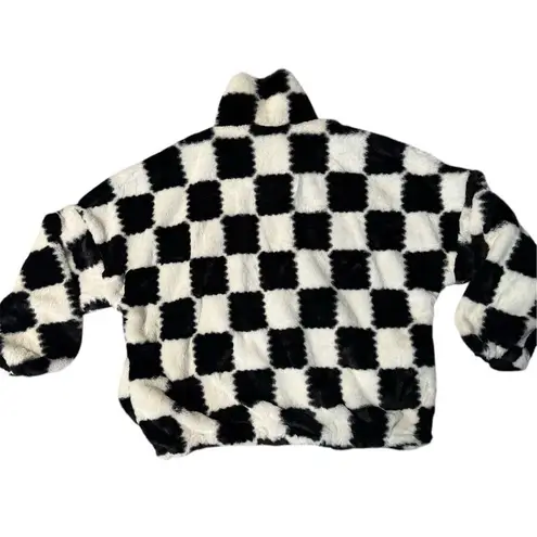 Salty Savage checkered fluffy faux fur quarter zip pullover size small oversized Black - Image 4