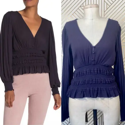 Pookie & Sebastian Smocked Bell Sleeve Top in Navy