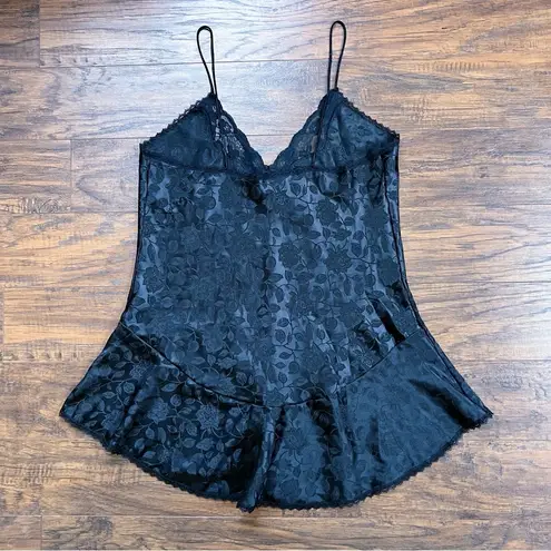 vintage • 80s black satin slip dress mini floral lace lingerie grunge Deena Size M