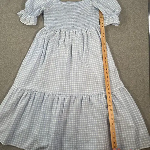 Ces Femme Square Neck Puff Sleeve Midi Dress Women's Large Blue Gingham Tiered