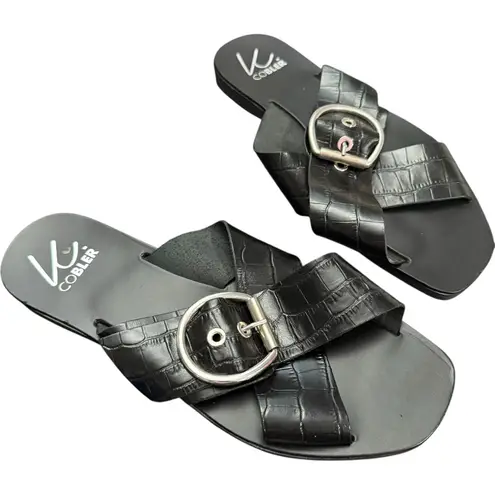K. Cobler Italian Black Leather / Silver Buckle Flat Sandals Size 39 / 8.5