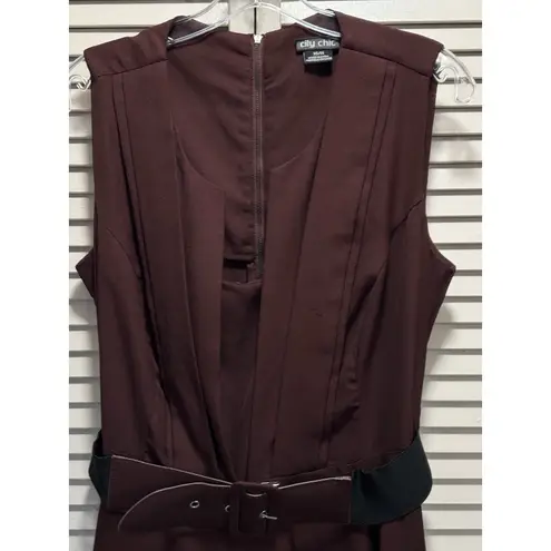 City Chic Burgundy Solid Sleeveless Fit Flare Dress Size XS/14 Back Zip Belt