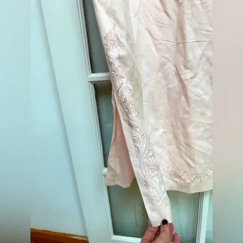 Jessica Howard Vintage  Pink Linen Embroidered Beaded Midi Dress Size 12 Large