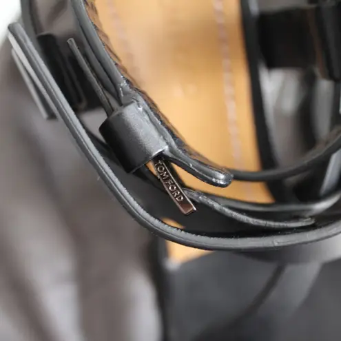 Tom Ford Black Strappy Leather Toe Ring Metallic Tan Block Heel Sandals