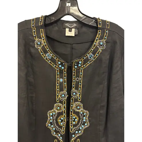 Vtg ANGEL II Black Linen Kaftan Jacket Embroidered w/ turquoise stones Women's M Size M