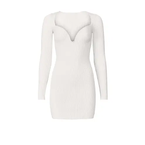 Gauge81 Mija White Ribbed Long Sleeve Wool Plunge Sweetheart Mini Dress Size XS