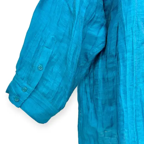 Peter Nygard | 1X | Turquoise Blue Linen Blend Crinkle Button-Down Tunic Shirt