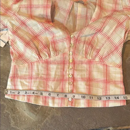 Bailey 44 Abigail Pink and Cream v-neck button front puff sleeve blouse top NWT