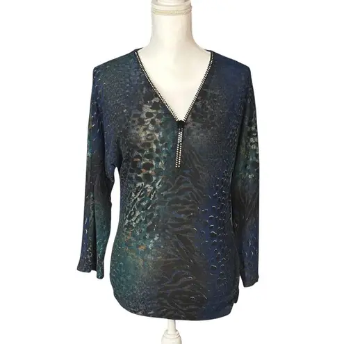 Frank Lyman Knit Top Size 8 Animal Black Blue 3/4 Sleeves Sparkle Artsy Casual