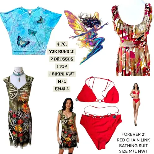 Y2K 4PC. TATTOO BUTTERFLY DRESS SUIT TOPS M/L Red Size M