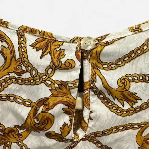 Vintage Satin Equestrian Chain Print Blouse Heritage Preppy Baroque Top Large Gold