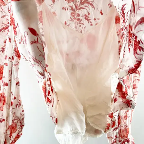 Maeve Floral Print Long-Sleeve Lace-Up Ruffled Sheer Blouse White Red Small P