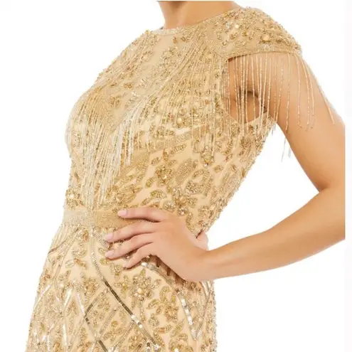 Mac Duggal 4715 Size 4 Embellished Fringe Cap Sleeve Trumpet Gown, Light Gold