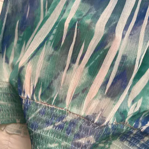 Y2K blue green tie dye sublimation print semi sheer bubble hem top rhinestones Size M