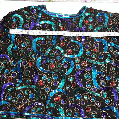 Scala Vintage Elegant Jacket Black and Blue Sequin Crop Blouse Jacket