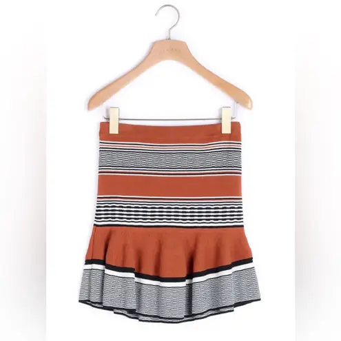Sandro Jupe Jella Striped Ribbed Mini Skirt with a ruffle hem in brown