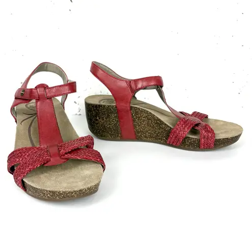 Abeo Womens Urmy Wedge Sandals Leather Blend Upper Ankle Strap Red Size 10