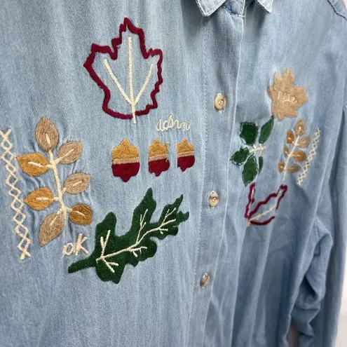 Vintage Blue Women's Button Up Shirt Embroidered Maple Acorn Oak Oversized  XL