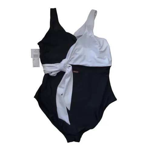 Raisin's Curve Plus Size Faux Wrap One Piece Swimsuit Black White 20W New