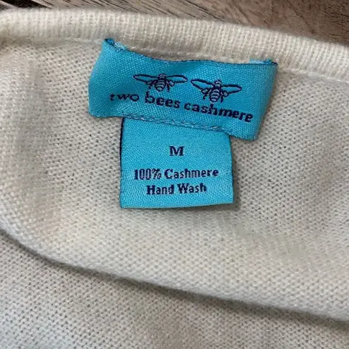 Two Bees Cashmere Womens Stripe Crew Neck Long Sleeve Sweater Cream Blue Medium