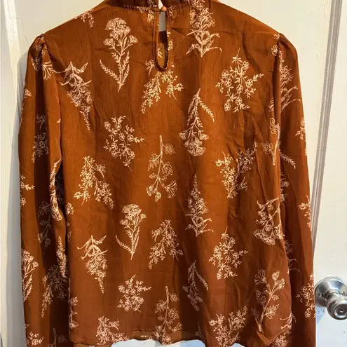 Floral Print Blouse Ruffle Mock Neck Long Sleeve Brown Top Size L Size L