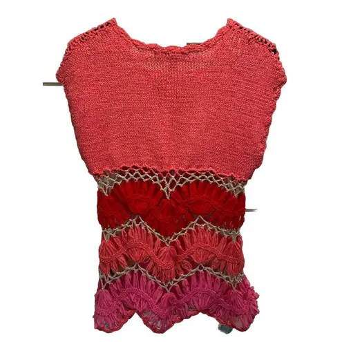 Fever Hand Open Crocheted Bright Orange Pink Tan Cap Sleeve Blouse Size XS Orange