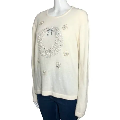 Vintage Y2K Christmas Beaded Cream Lambswool Angora Sweater Wreath Wool Medium White