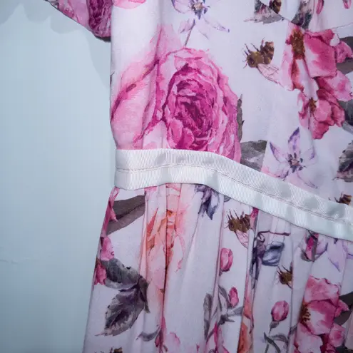 New Ivy City Co Pink Floral Ballerina Garden Party Puff Sleeve Midi Dress Large