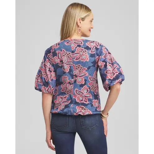 Chico's Floral Bubble Hem Top Size 3 XL Multicolor Puff Sleeve Cotton Boho Artsy