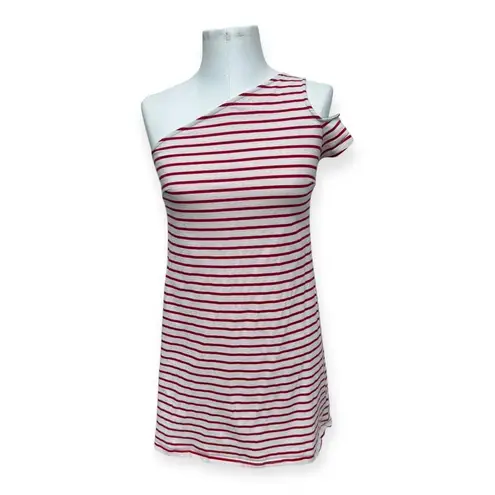 Maeve Anthropologie Marketa Red Cream Striped One Shoulder Shift Dress size S